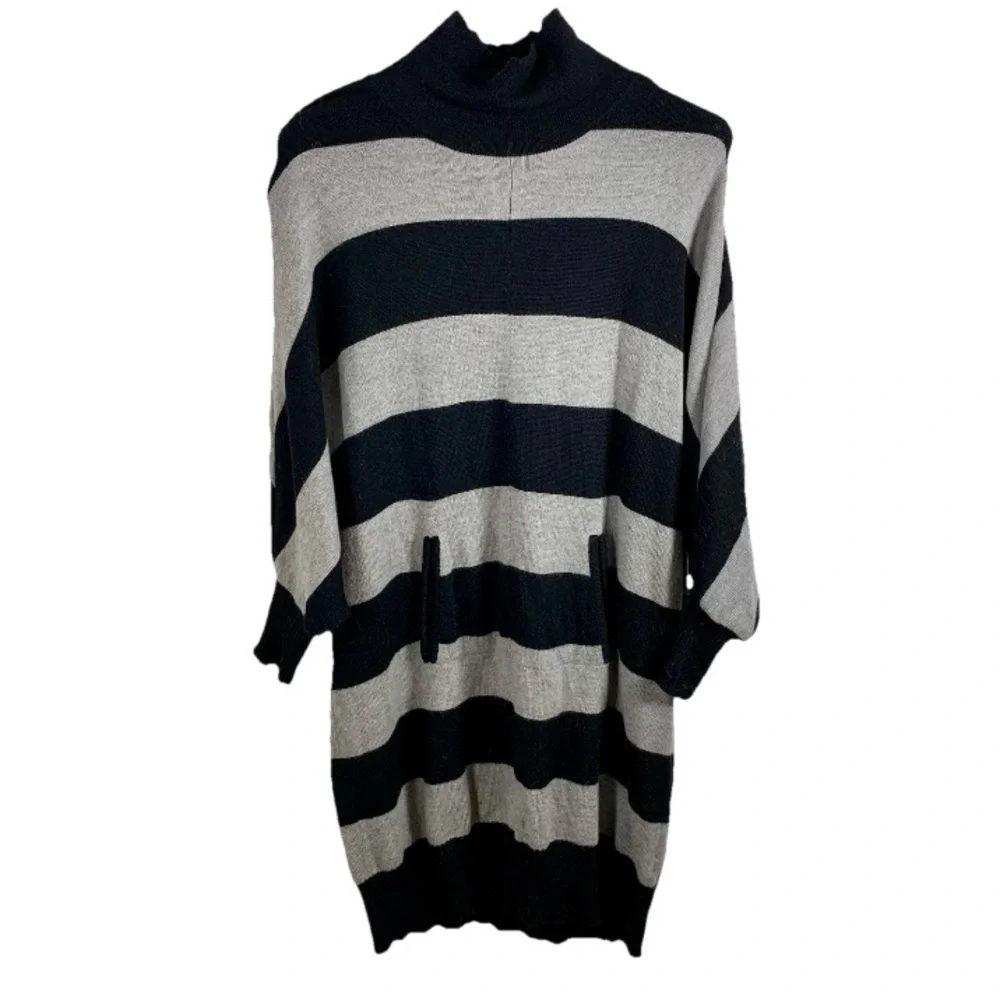 Tory Burch Merino Wool Sweater Dress L Black Gray Stripe Pockets‎ Dolman Sleeves